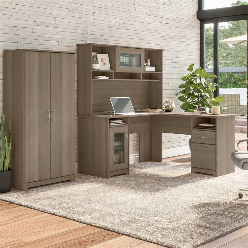 Cabot 60W L Desk with Hutch and Tall Cabinet in Ash Gray - Engineered Wood