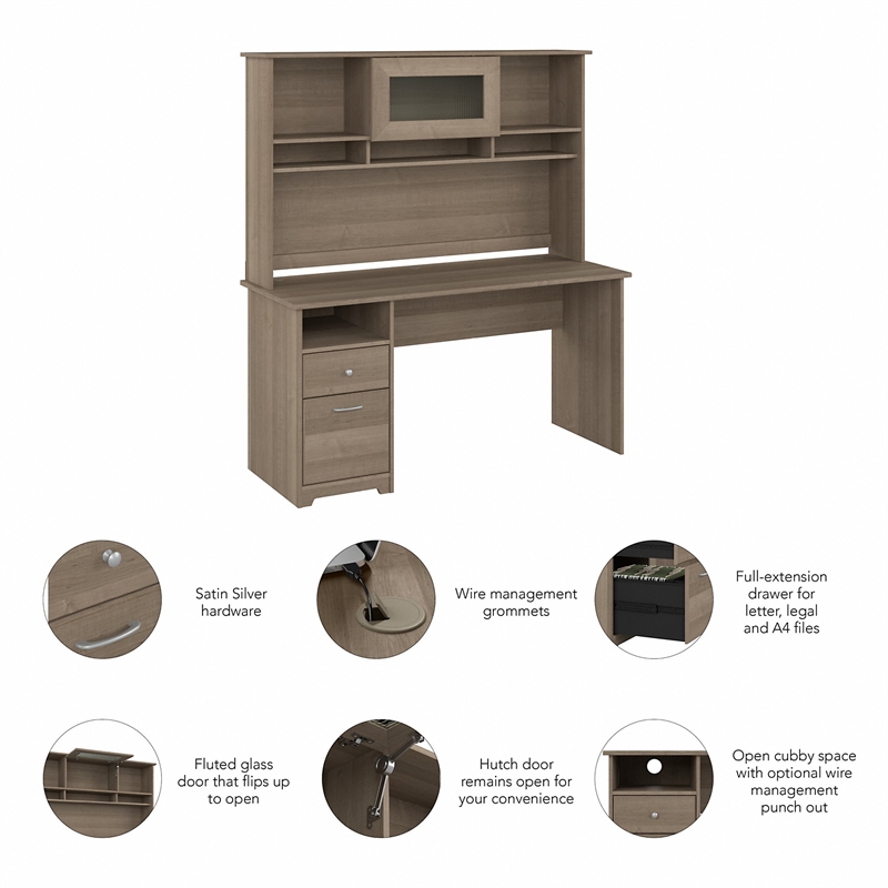 Cabot 60W Computer Desk with Hutch in Ash Gray - Engineered Wood