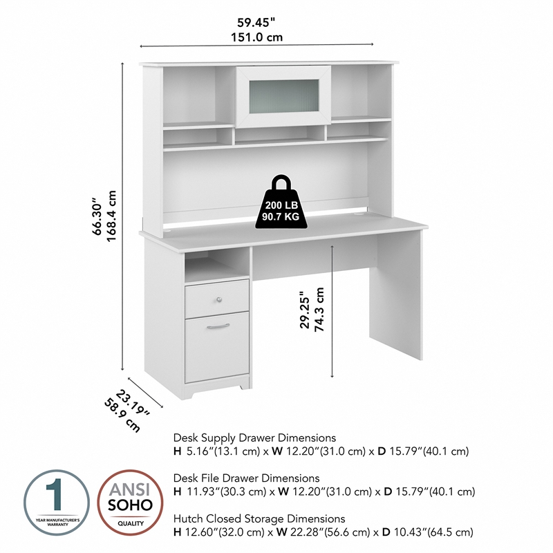 Cabot 60W Computer Desk with Hutch in White - Engineered Wood ...