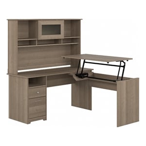 Cabot 60W Sit to Stand L Desk with Hutch in Ash Gray - Engineered Wood