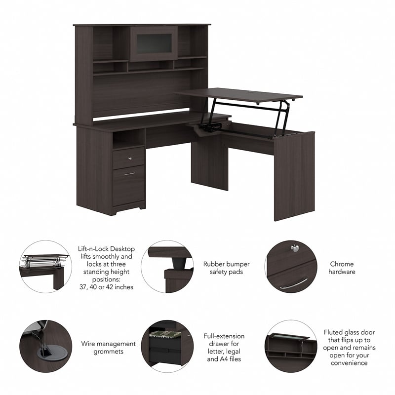 Cabot 60W Sit to Stand L Desk with Hutch in Heather Gray - Engineered Wood