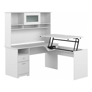Cabot 60W Sit to Stand L Desk with Hutch in White - Engineered Wood
