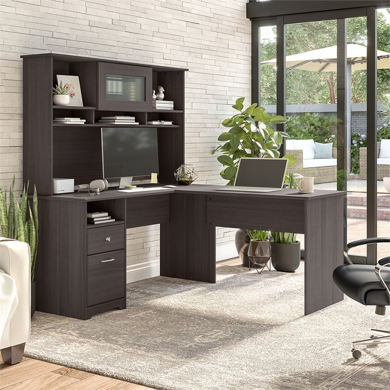 Cabot 60W L Shaped Computer Desk with Hutch in Heather Gray - Engineered Wood