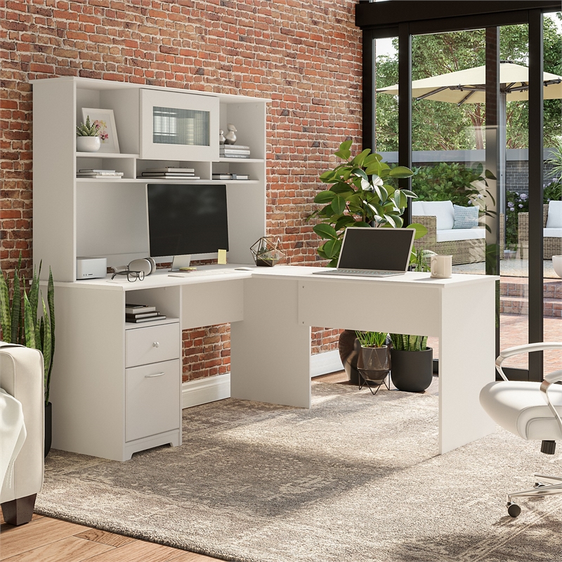 Cabot 60W L Shaped Computer Desk with Hutch in White - Engineered Wood
