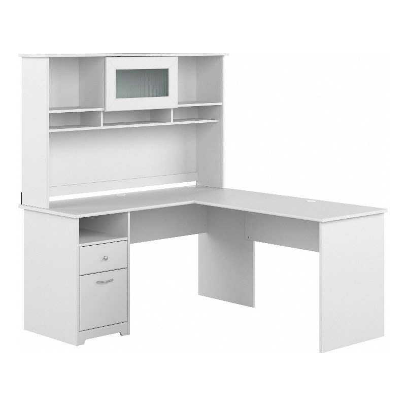 Cabot 60W L Shaped Computer Desk with Hutch in White - Engineered Wood