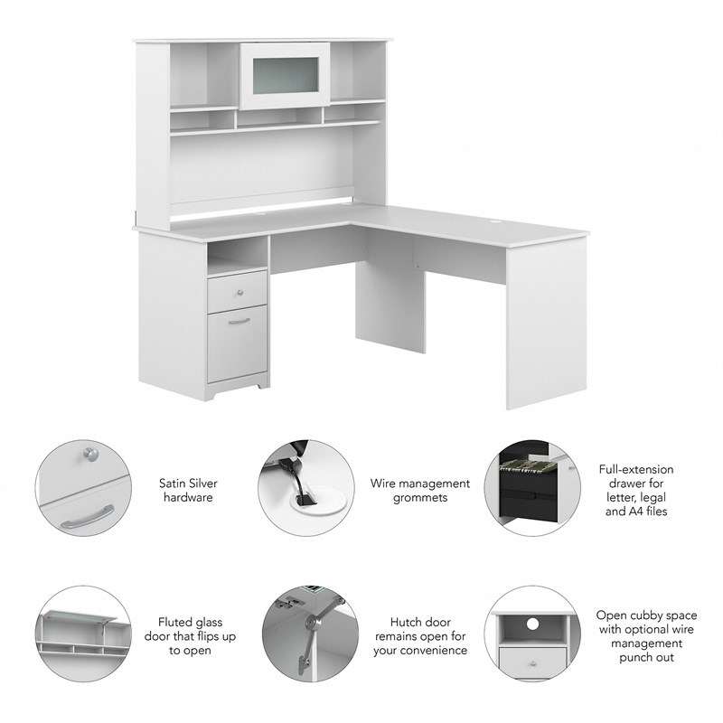 Cabot 60W L Shaped Computer Desk with Hutch in White - Engineered Wood