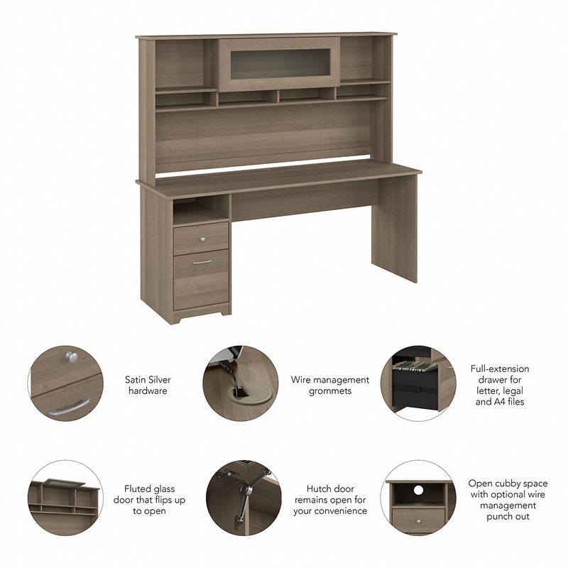 Cabot 72W Computer Desk with Hutch in Ash Gray - Engineered Wood