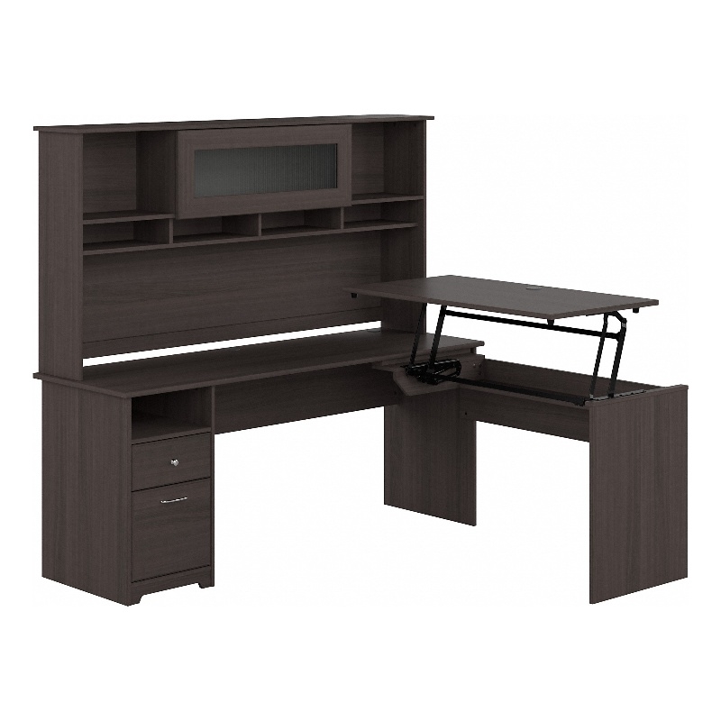 Cabot 72W Sit to Stand L Desk with Hutch in Heather Gray - Engineered Wood