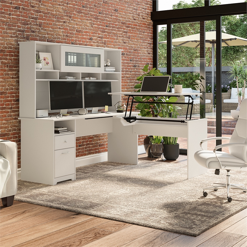 Cabot 72W Sit to Stand L Desk with Hutch in White - Engineered Wood