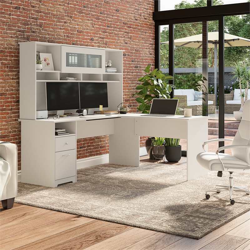 Cabot 72W L Shaped Computer Desk with Hutch in White Engineered Wood