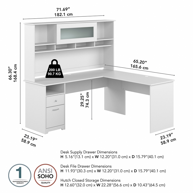 Cabot 72W L Shaped Computer Desk with Hutch in White - Engineered Wood ...