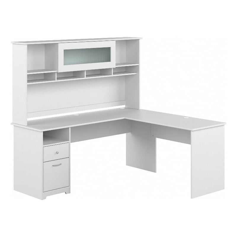 Cabot 72W L Shaped Computer Desk with Hutch in White - Engineered Wood ...