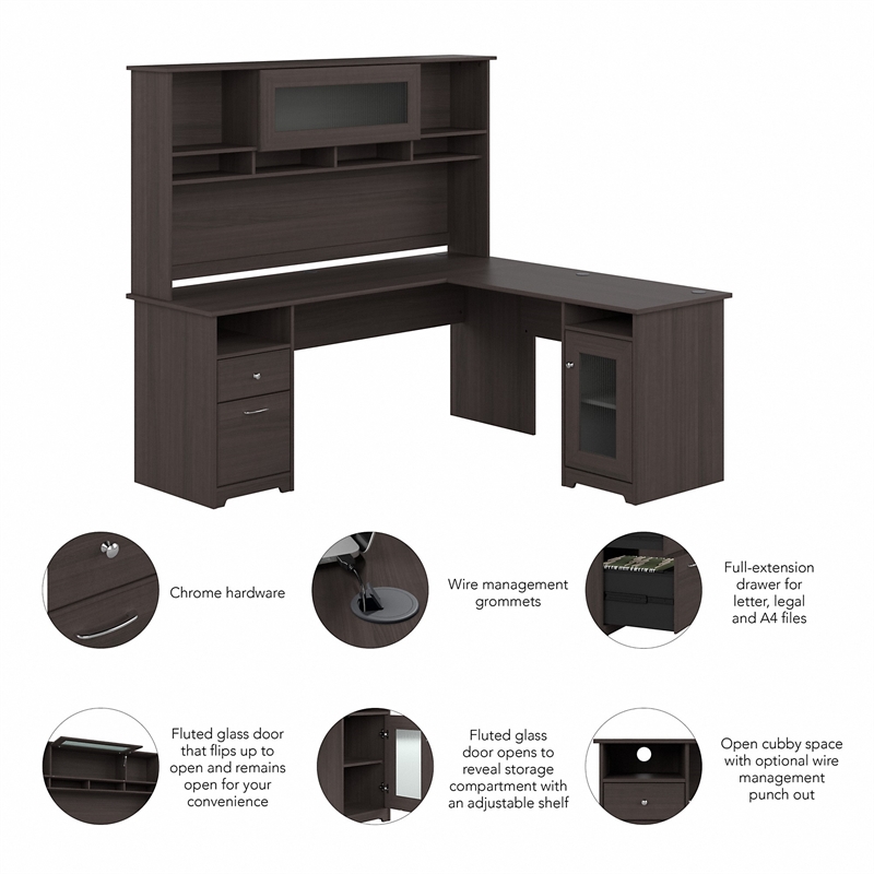 Cabot 72W L Shaped Computer Desk with Hutch in Heather Gray - Engineered Wood