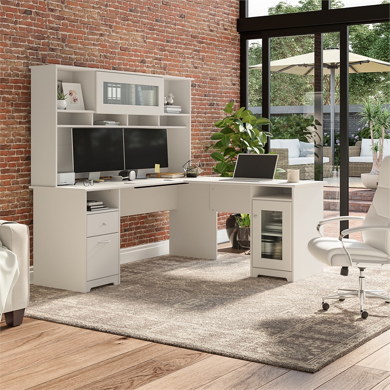 Cabot 72W L Shaped Computer Desk with Hutch in White Engineered Wood