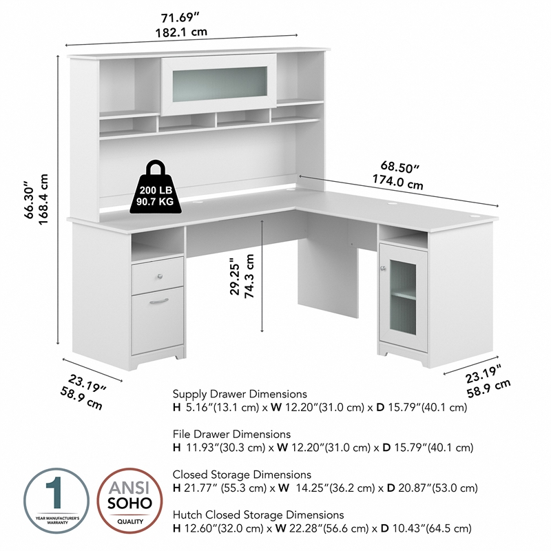 Bush Furniture Cabot 72W L Shaped Computer Desk with Drawers White