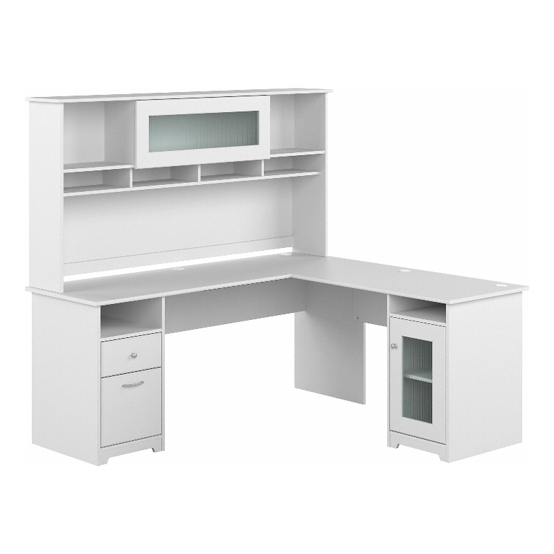 Cabot 72W L Shaped Computer Desk with Hutch in White - Engineered Wood ...