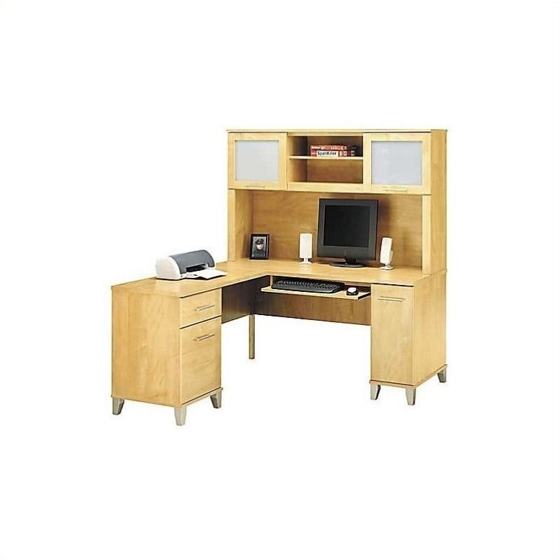 Bush Somerset 60 L Shape Computer Desk With Hutch In Maple Cross