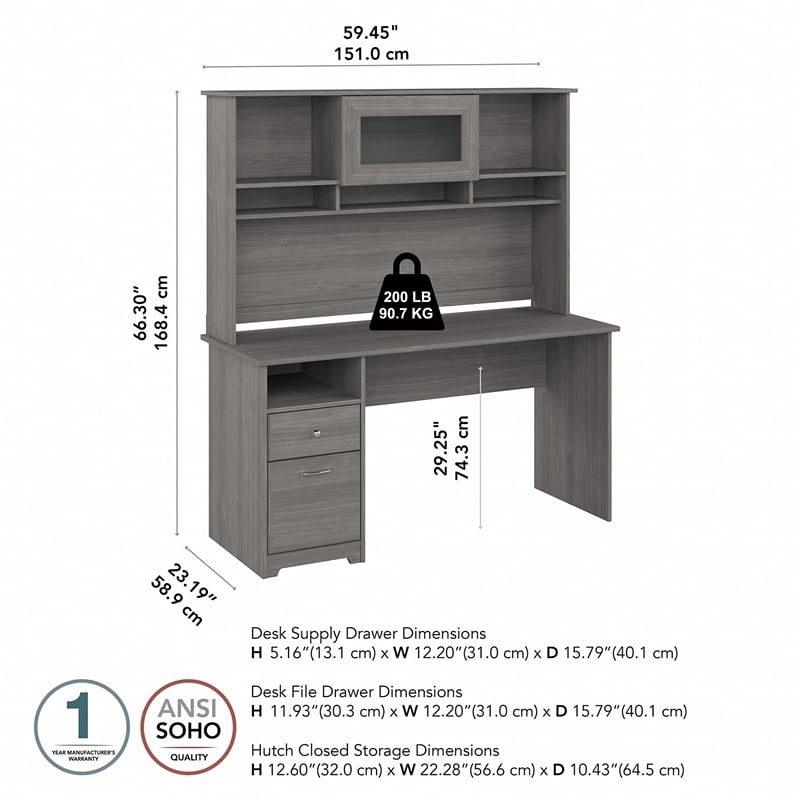 Cabot 60W Computer Desk with Hutch in Modern Gray - Engineered Wood ...