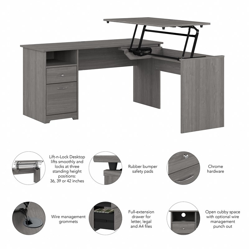 Cabot 60W 3 Position Sit to Stand L Shaped Desk in Modern Gray - Engineered Wood