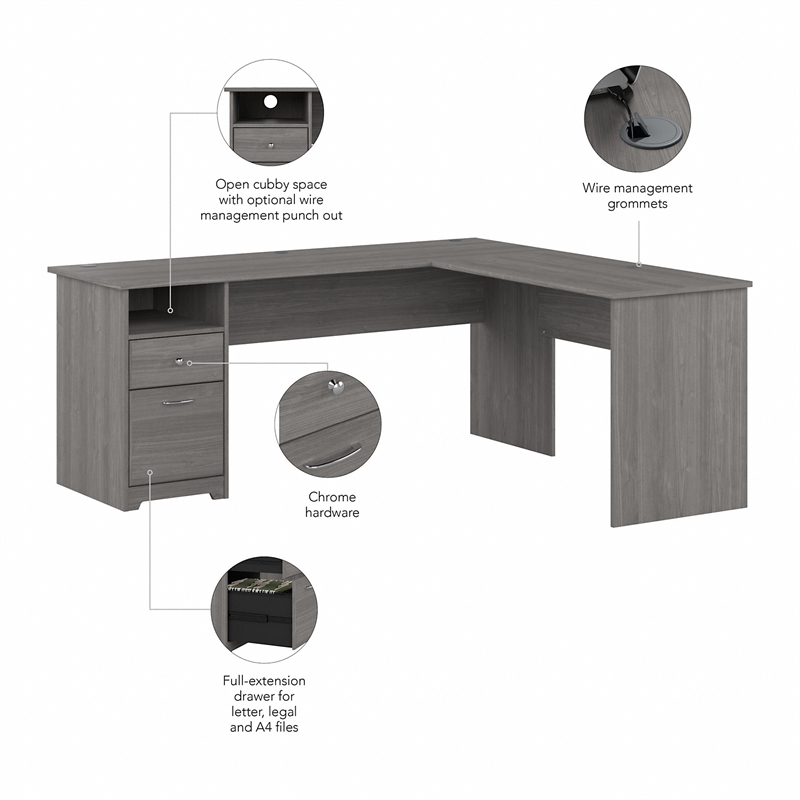 Cabot 72W L Shaped Computer Desk with Drawers in Modern Gray - Engineered Wood