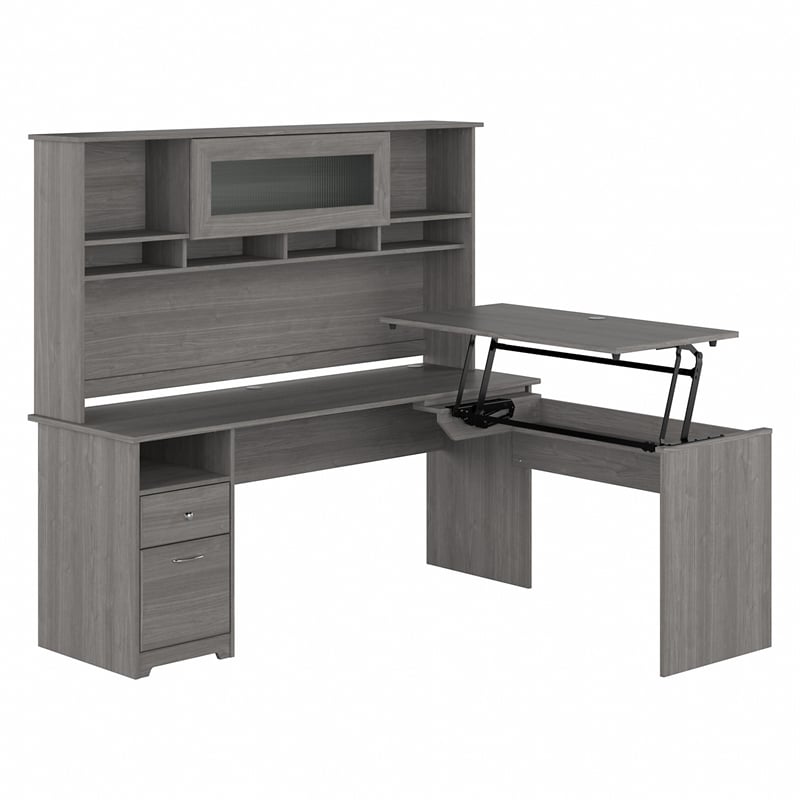 Cabot 72W Sit to Stand L Shaped Desk with Hutch in Modern Gray - Engineered Wood