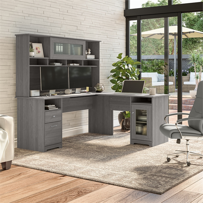 Cabot 72W L Shaped Desk with Hutch and Storage in Modern Gray - Engineered Wood