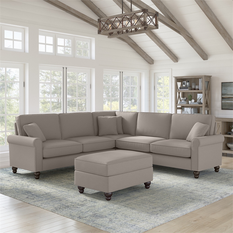 Hudson L Shaped Sectional Couch with Ottoman in Beige Herringbone Fabric