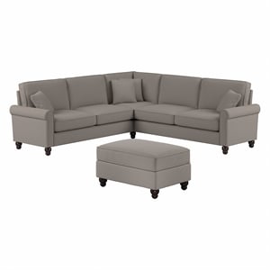 Hudson L Shaped Sectional Couch with Ottoman in Beige Herringbone Fabric