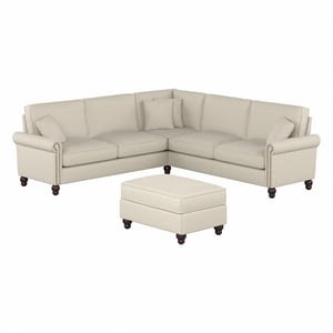 Coventry 99W L Shaped Sectional with Ottoman in Cream Herringbone Fabric