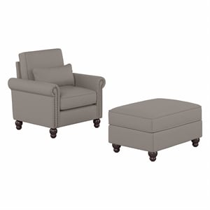 Coventry Accent Chair with Ottoman Set in Beige Herringbone Fabric