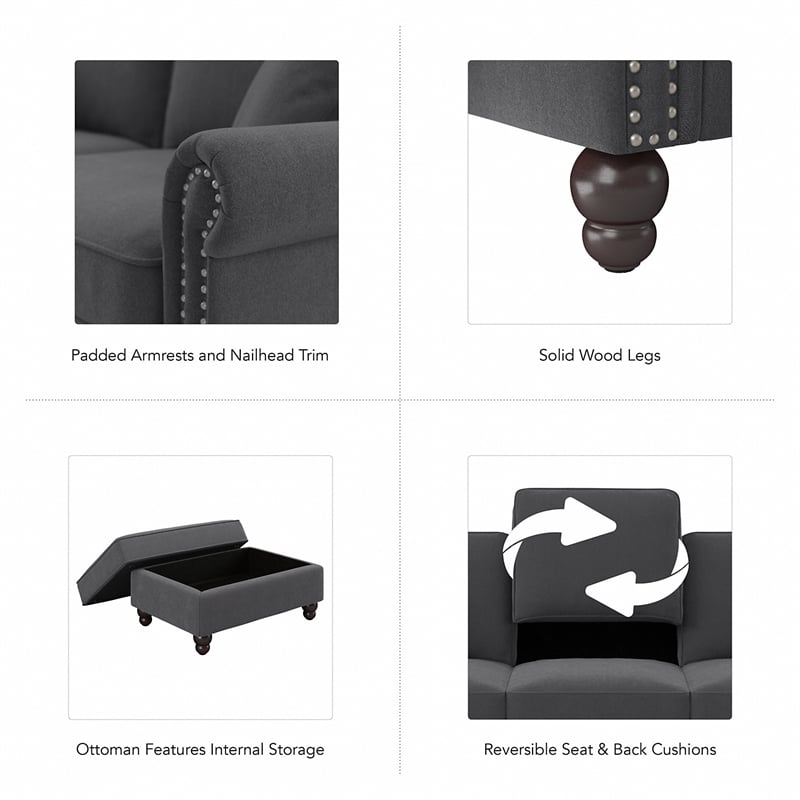 Coventry Accent Chair with Ottoman Set in Charcoal Gray Herringbone Fabric