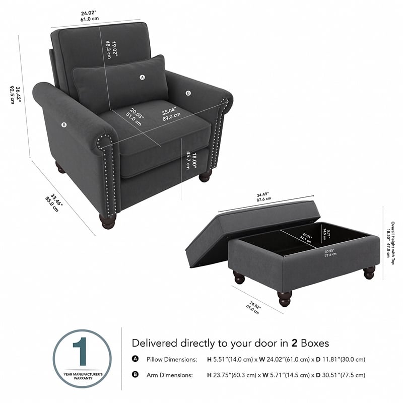 Coventry Accent Chair with Ottoman Set in Charcoal Gray Herringbone Fabric