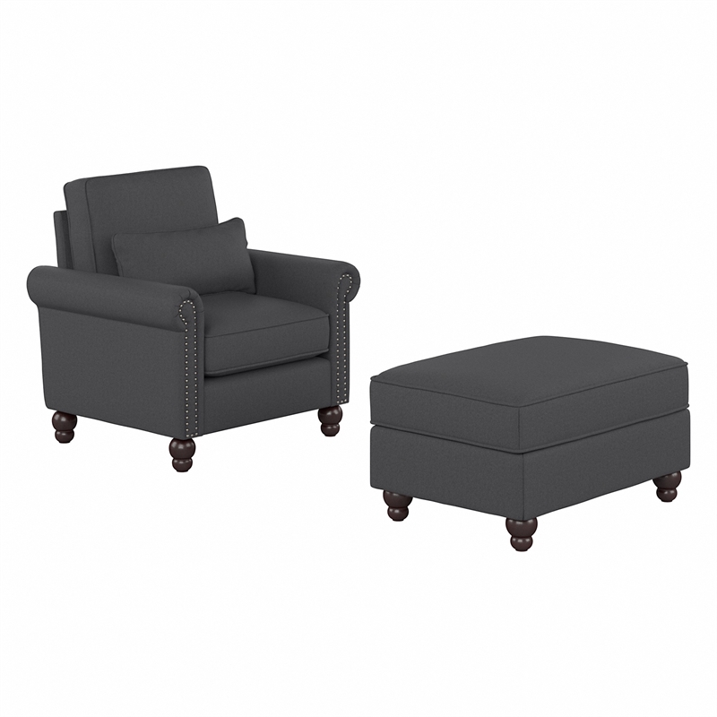 Coventry Accent Chair with Ottoman Set in Charcoal Gray Herringbone