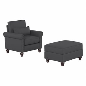 Coventry Accent Chair with Ottoman Set in Charcoal Gray Herringbone Fabric