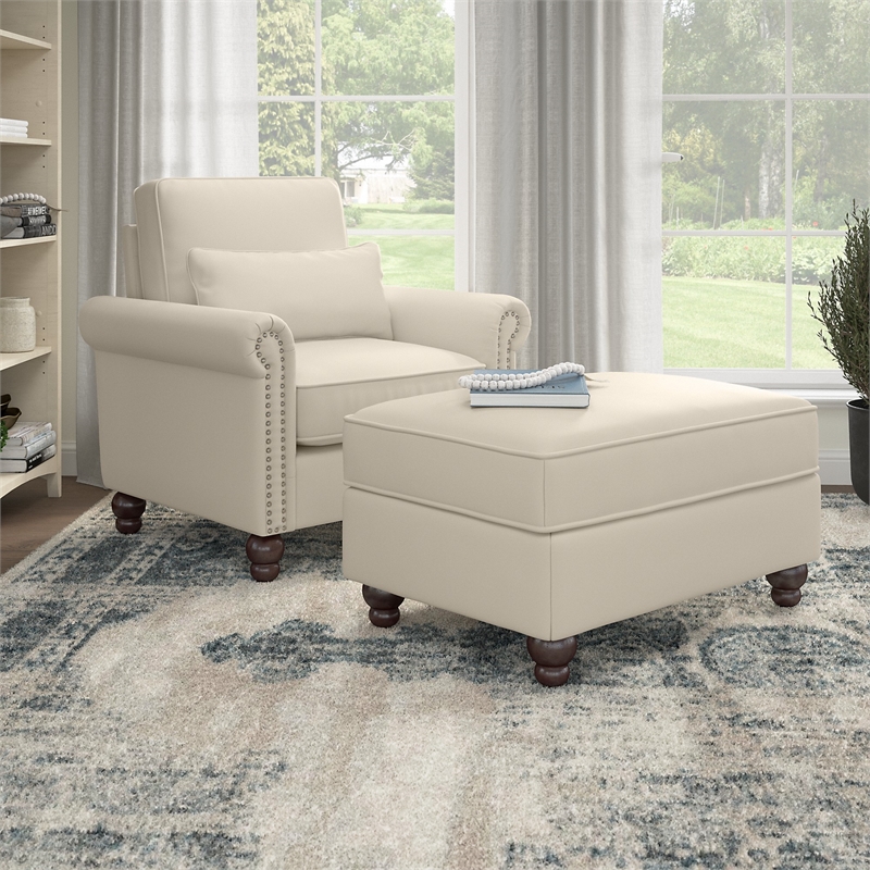 Coventry Accent Chair with Ottoman Set in Cream Herringbone Fabric