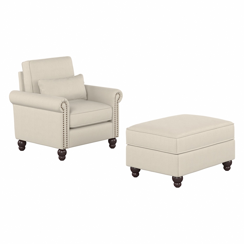 Coventry Accent Chair with Ottoman Set in Cream Herringbone Fabric