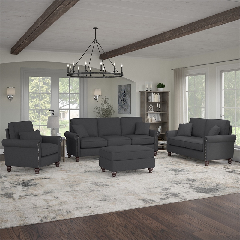 Coventry Sofa and Loveseat with Chair & Ottoman in Charcoal Herringbone