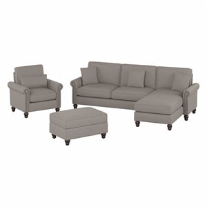 Coventry Chaise Sectional with Chair & Ottoman in Beige Herringbone Fabric