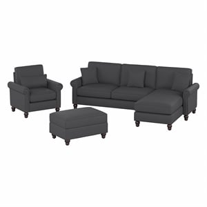 Coventry Chaise Sectional with Chair & Ottoman in Charcoal Herringbone Fabric