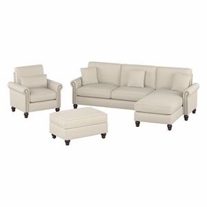 Coventry Chaise Sectional with Chair & Ottoman in Cream Herringbone Fabric