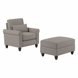 Hudson Accent Chair with Ottoman Set in Beige Herringbone Fabric