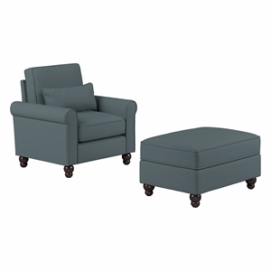 Hudson Accent Chair with Ottoman Set in Turkish Blue Herringbone Fabric