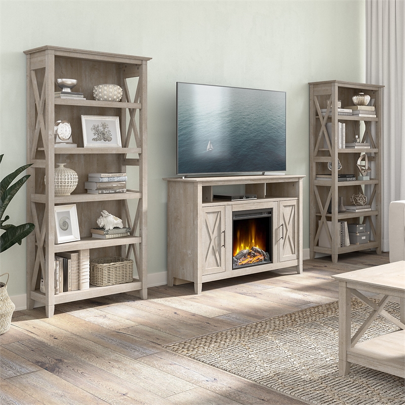 Key West Fireplace TV Stand with Bookcases in Washed Gray - Engineered Wood