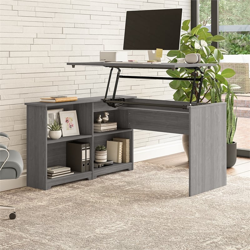 Cabot 52W Sit to Stand Corner Desk with Shelves in Modern Gray - Engineered Wood