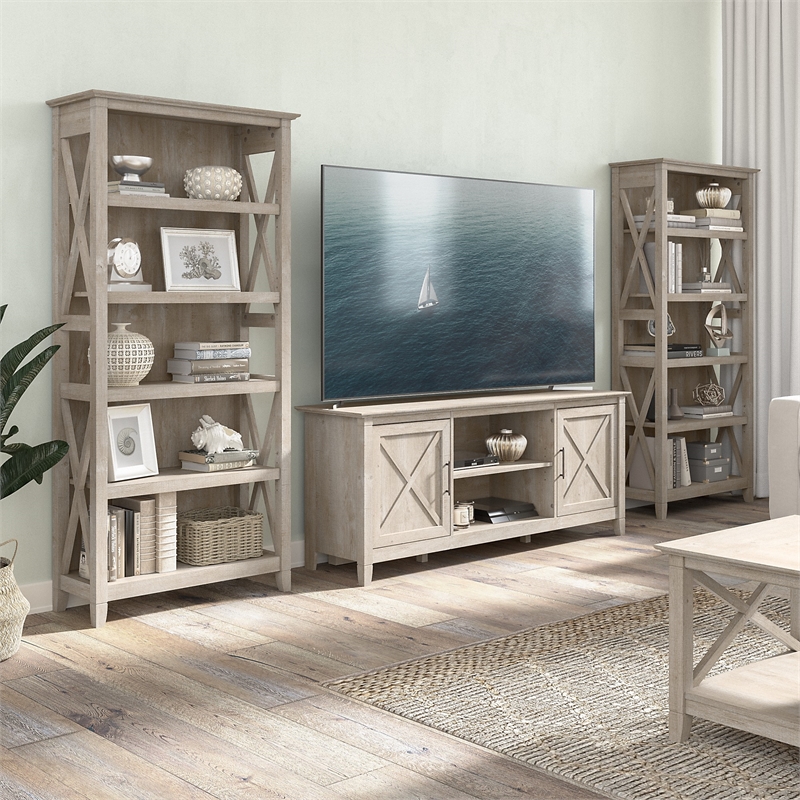 Key West TV Stand for 70 Inch TV w/ Bookcases in Washed Gray - Engineered Wood