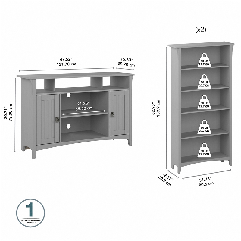 Salinas TV Stand for 55 Inch TV w/ Bookcases in Cape Cod Gray