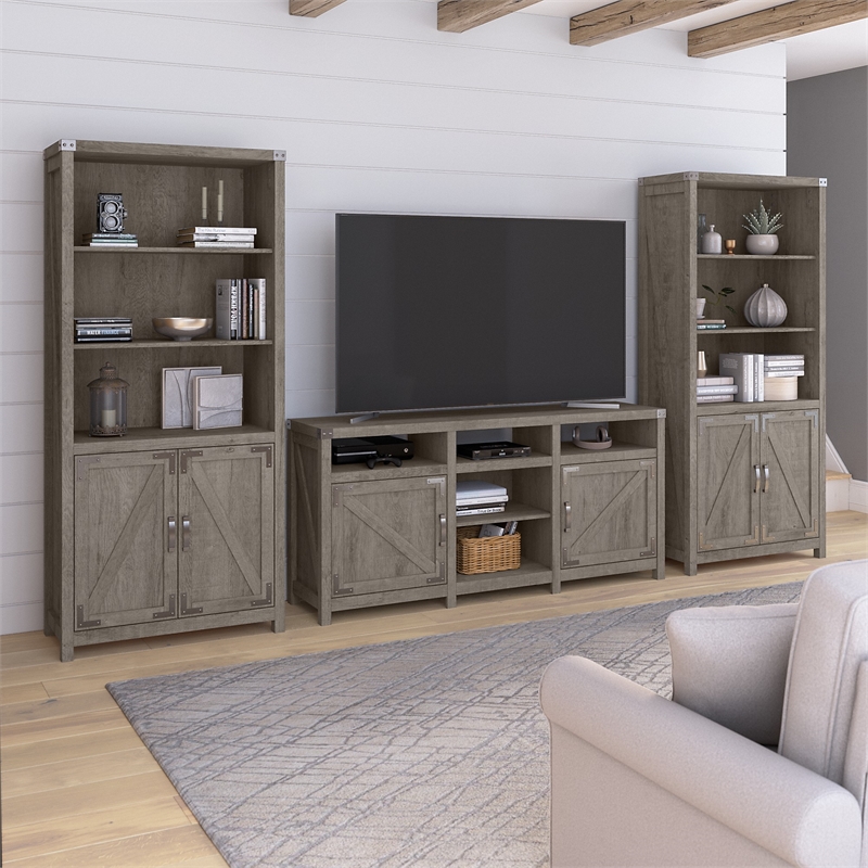 Cottage Grove TV Stand for 70 Inch TV with Bookcases in Gray - Engineered Wood