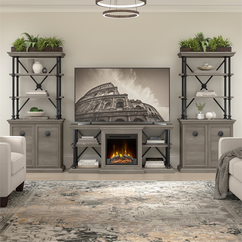 Coliseum Fireplace TV Stand with Bookcases in Driftwood Gray - Engineered Wood