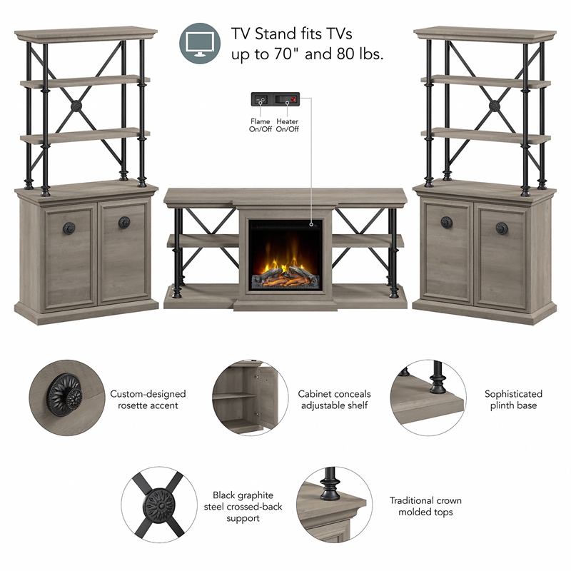 Coliseum Fireplace TV Stand with Bookcases in Driftwood Gray - Engineered Wood
