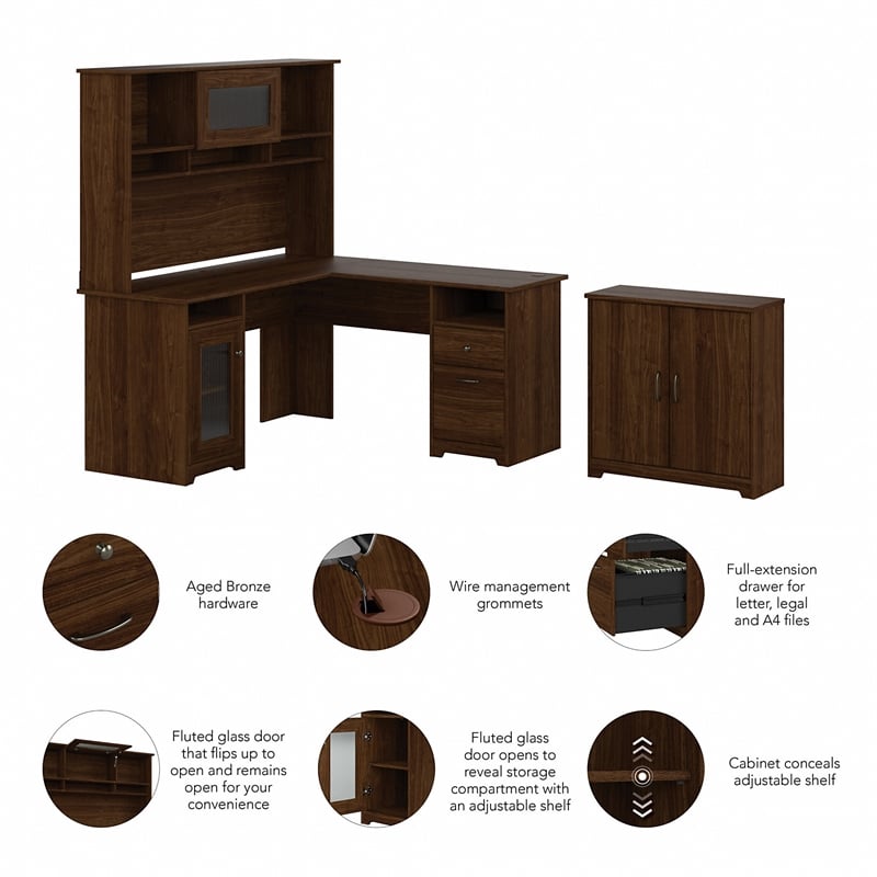 Bush Furniture Cabot L Desk w/ Hutch & Small Cabinet in Walnut - Engineered Wood